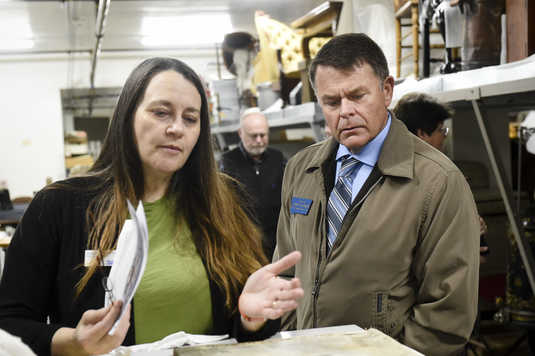 Jennifer Bottomly-O'Looney, Montana Historical Society Curator, left, and Senator Terry Gauthier, R-Helena,